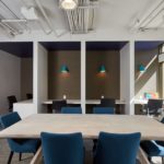 Business center with conference table and individual pod work spaces