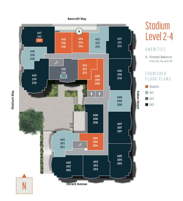 Levels 2-4 of Stadium have fully-furnished residential units. Unit 217 is a Studio with 317-417 being a 2 bed/ 2 bath. Units 218-418 are 1 bed/ 1 bath and units 219-419 are 2 bed/ 2 bath. To the right of the 19s units is a stairwell. Moving right down the hall is unit 215 which is a 1 bed/ 1 bath and 315-415 is a 2 bed/ 1 bath. Units 216-416 and 214-414 are Studios. Units 212-412 are 1 bed/ 1 bath and 211-411 are 2 bed/ 2 bath units. Units 213-413 and 209-409 are all Studios. The hallway turns right with unit 210-410, 207-407 and 205-405 all being 2 bed/ 2 bath units. 208-408 are 1 bed/1 bath units with elevators to the left of them. Units 206-406 are 2 bed/ 2 bath and units 204-404 are Studios with a stairwell to the left. Hallway turns to the right with units 203-403 and 202-402 being 2 bed/ 2 bath units and 201-401 being 1 bed/1 bath. Units 212, 214, and 216 have a shared balcony.