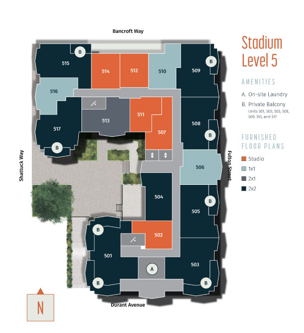 Level 5 has some additional amenities with more residential apartments. Units 501, 503, 505, 508, 509, 511, and 517 have a private balcony. Level 5 also has the On-site Laundry located in the south portion of the building. Unit 515 and 517 are 2 bed/ 2 bath and 516 is a 1 bed/ 1 bath at the end of the hallway with stairs to the right. Moving right down the hall is units 514,  512, 511 and 507 as Studios and 513 being a 2 bed/ 1 bath. Unit 510 is a 1 bed/ 1 bath. Units 507 and 508 are 2 bed/ 2 bath. Hallway turns right with elevators to the right. Unit 506 is a 1 bed/ 1 bath and 504, 505, and 503 are 2 bed/2 bath units. Unit 502 is a Studio with stairs to the right. Hallway turns right once more with unit 501 being a 2 bed/ 2 bath and the laundry facilities in a separate room.