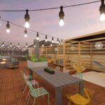 Outdoor rooftop lounge with string lights, firepits, hammocks, and lounge areas