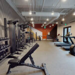 Allston Place fitness center with free weights, benches, treadmills, stationary bikes, and weight machines
