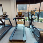 Allston Place cardio machines with treadmills and a stepper with a courtyard view